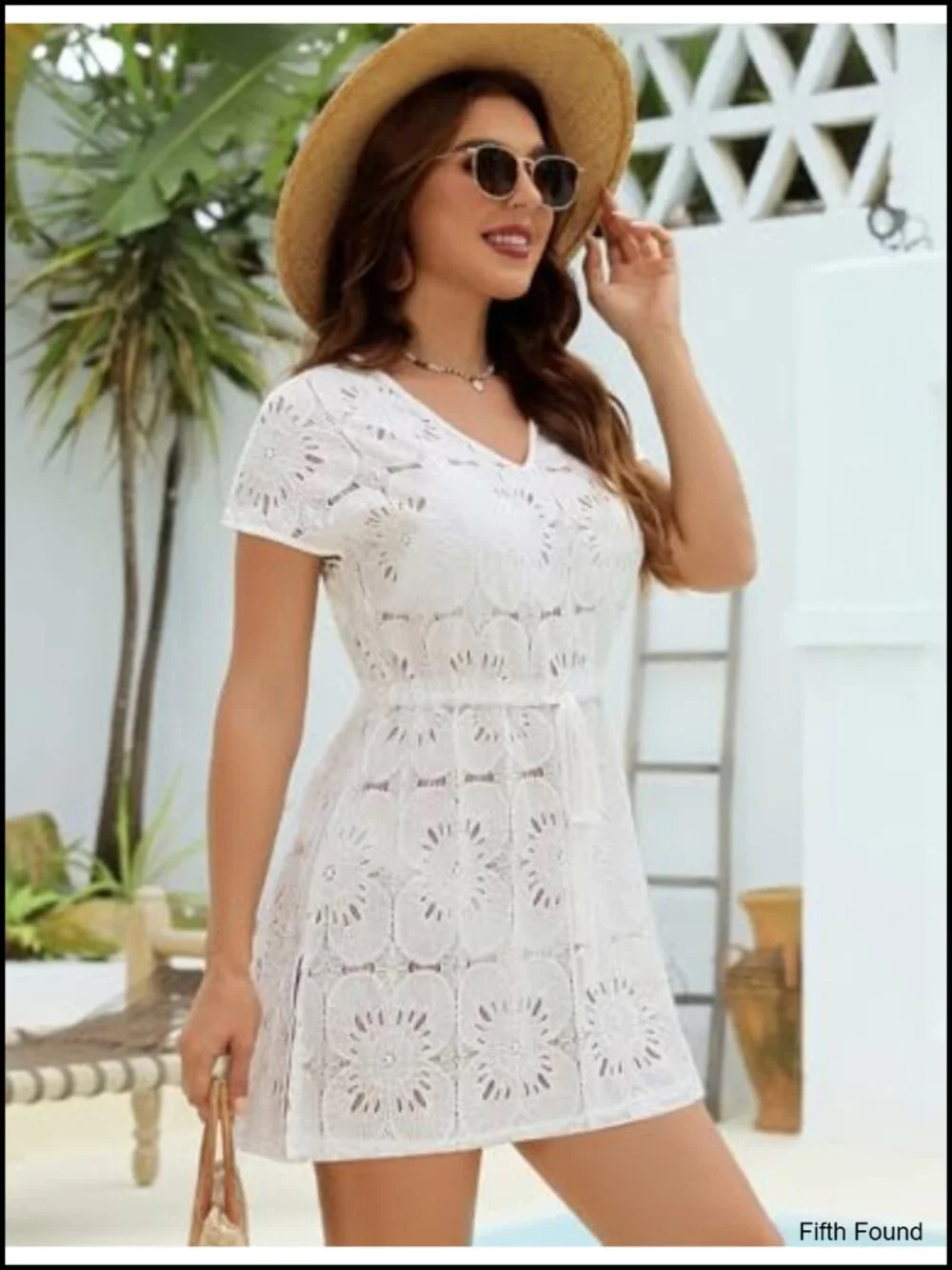 Women Lace Eyelet Swimsuit Cover Up Dress Short Sleeve Beach Boho